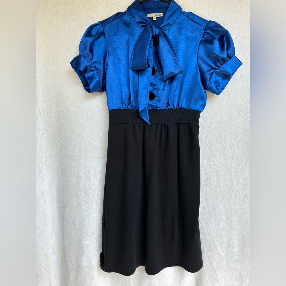 BeBop Blue & Black Tie Neck Dress Short Sleeve Work Office Casual Size M